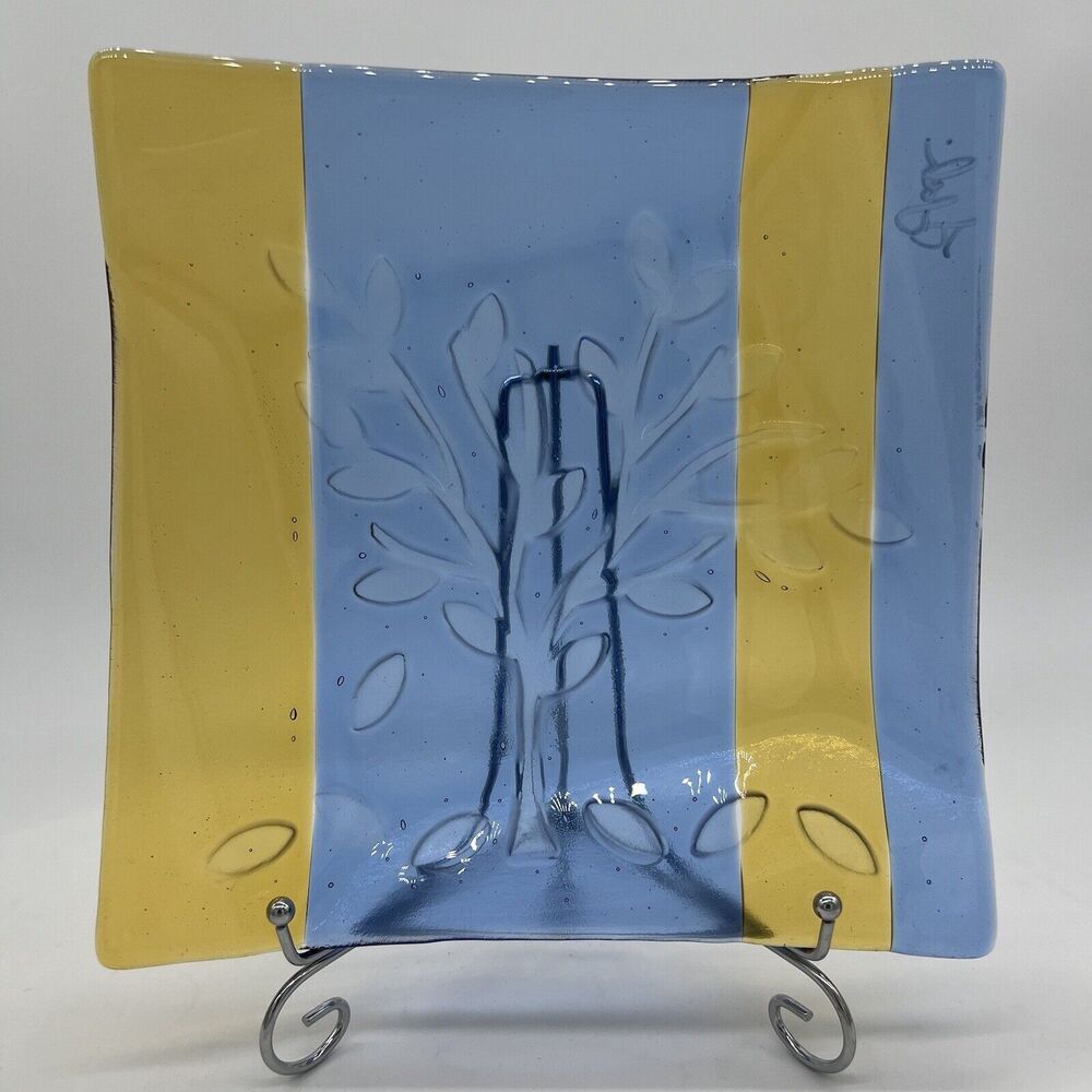Yellow And Blue Fused Art Glass Plate With Tree Design Artist Signed 9.5"